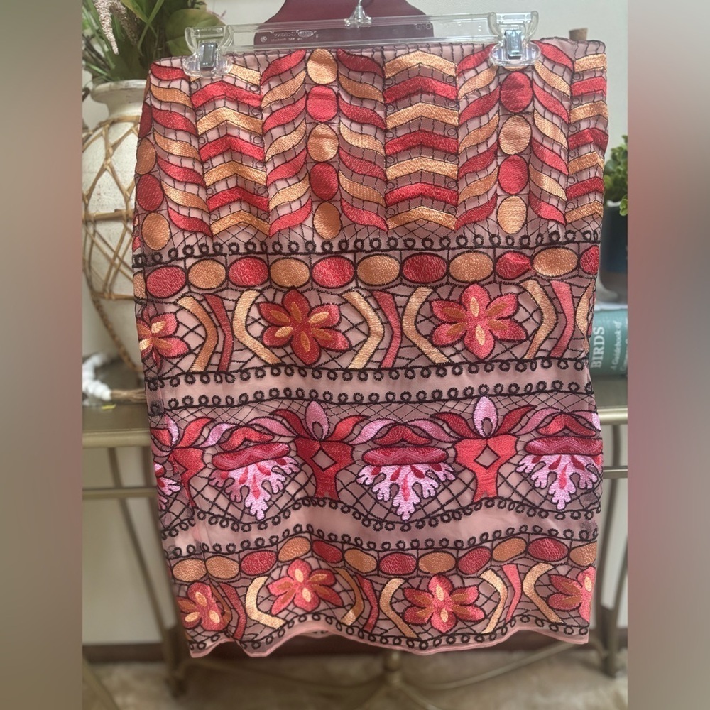 ECI Floral Pencil Midi Skirt Red and Orange Embroidery - Fall Colors -Size 12